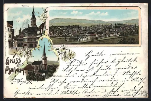 Lithographie Aalen, Blick über die Dächer, Rathaus und Kirche