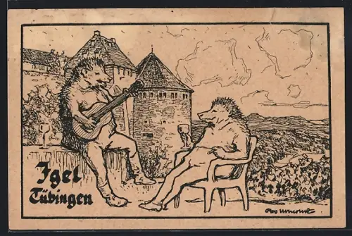 Künstler-AK Tübingen, Musizierender Igel vor der Festung