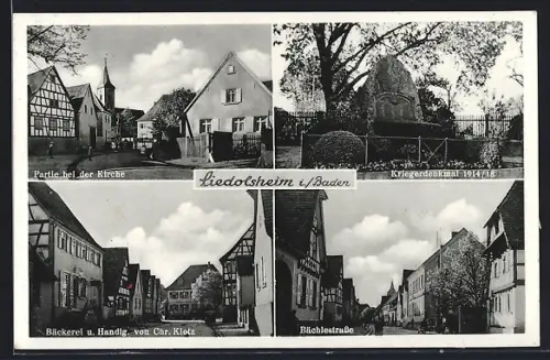 AK Liedolsheim i. Baden, Geschäft von Chr. Klotz, Bächlestrasse, Kirche und Kriegerdenkmal