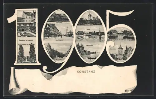 Grusskarten-AK Konstanz, Jahreszahl 1905, Inselhotel, Bahnhofsplatz, Hafen und Conciliumsgebäude
