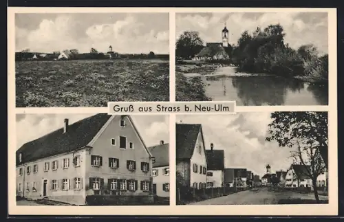 AK Strass / Neu-Ulm, Partie am Wohnhaus, Strassenpartie, Seeansicht, Blick zur Stadt