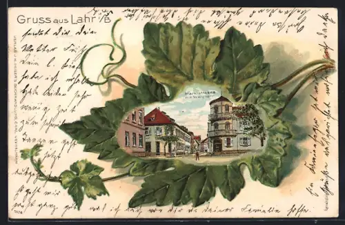 Passepartout-Lithographie Lahr i. B., Markstrasse mit Waldhorn, Weinblatt