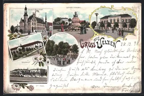 Lithographie Uelzen, Lutherdenkmal, Bahnhof, Kaserne, Realschule