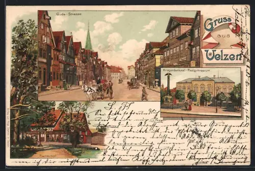 Lithographie Uelzen, Gasthaus Fischerhof, Gudestrasse, Kriegerdenkmal und Realgymnasium