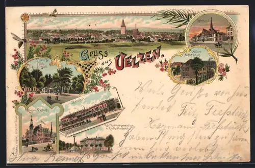 Lithographie Uelzen, Bahnhof, Restaurant Fischerhof, Postamt, Realgymnasium