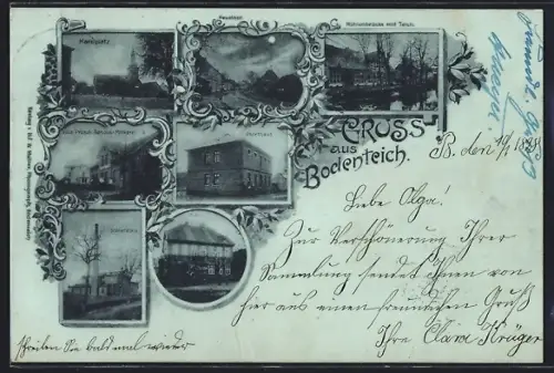 Mondschein-AK Bodenteich, Post, Poorthaus, Marktplatz, Villa Prösch, Genoss.-Molkerei