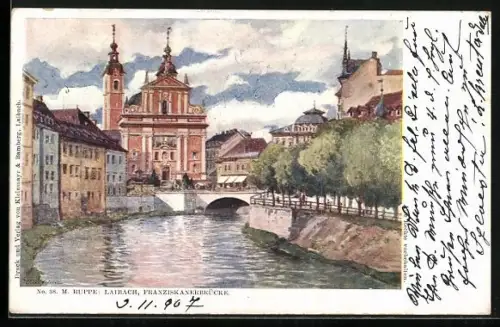 Künstler-AK Ljubljana / Laibach, Blick zur Franziskanerbrücke