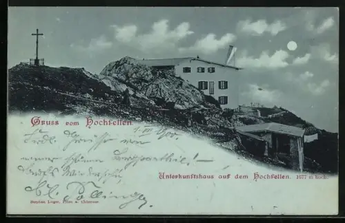 AK Hochfellnhaus, Unterkunftshaus und Gipfelkreuz