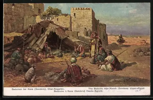 Künstler-AK Kene, Beduinen lagern bei der Ortschaft in Ober-Ägypten