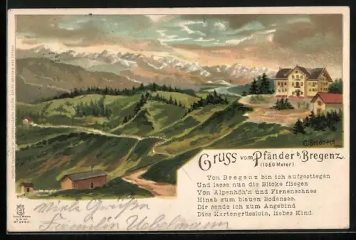 Lithographie Bregenz, Gruss vom Pfänder in der Dämmerung