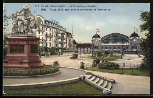 AK Basel, Bahnhofplatz und Strassburgerdenkmal