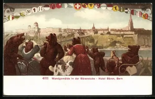 Künstler-AK Bern, Hotel Bären, Wandgemälde in der Bärenstube, Teilansicht und Bären