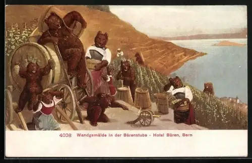 Künstler-AK Bern, Hotel Bären, Wandgemälde in der Bärenstube, Bären mit einem Fass