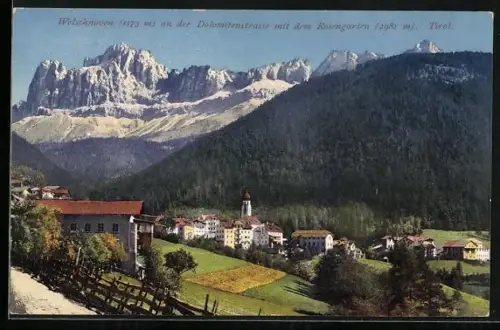 AK Welschnofen, Ortsansicht aus der Vogelschau, Blick zum Rosengarten