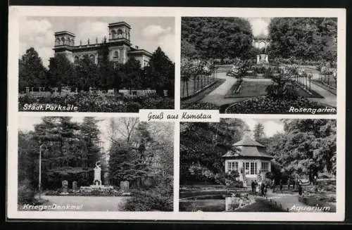 AK Komotau / Chomutov, Kriegerdenkmal, Städtische Parksäle, Aquarium