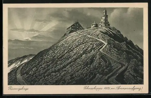AK Schneekoppe /Riesengebirge, Bergbauden bei Sonnenaufgang