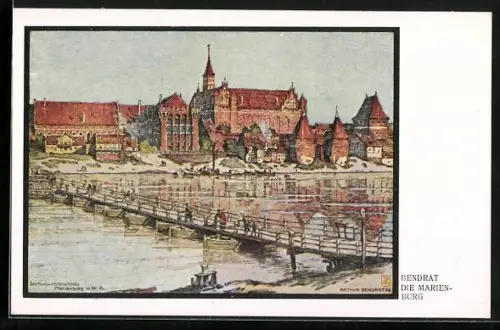 Künstler-AK Marienburg / Malbork, Blick über den Fluss zur Burg