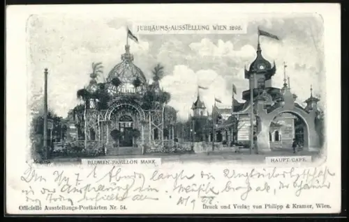 AK Wien, Jubiläums-Ausstellung 1898, Blumenpavillon Marx, Haupt Cafe