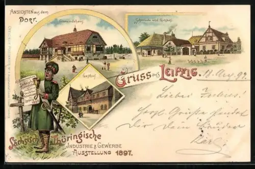 Lithographie Leipzig, Sächs.-Thür. Industrie u. Gewerbe Ausstellung 1897, Gasthof, Schmiede, Gemeindehaus