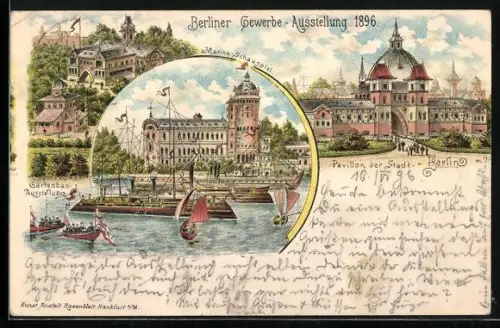 Lithographie Berlin, Gewerbe-Ausstellung 1896, Pavillon der Stadt Berlin