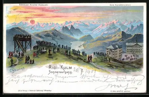 Künstler-AK C. Steinmann: Rigi-Kulm, Sonnenaufgang mit Besuchern auf dem Aussichtspunkt