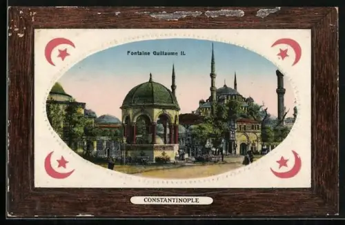 Passepartout-AK Constantinople, Fontaine Guillaume II, türkische Fahne