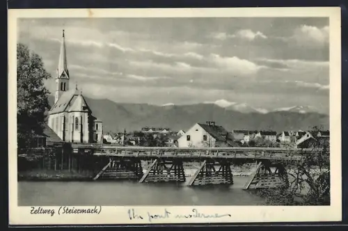 AK Zeltweg /Steiermark, Kirche mit Brücke