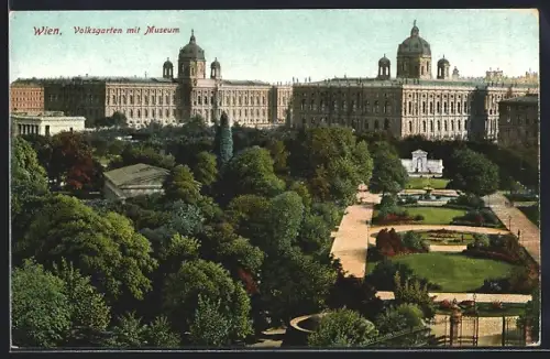 AK Wien, Volksgarten mit Museum aus der Vogelschau