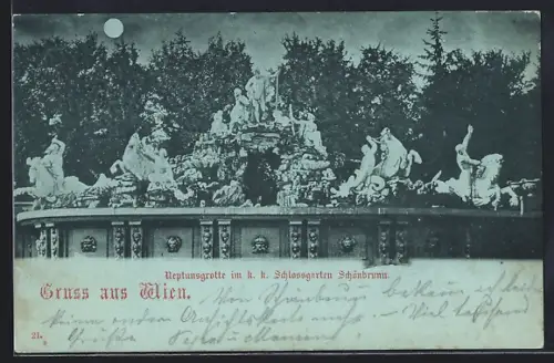 Mondschein-AK Wien, Neptunsgrotte im k. k. Schlossgarten Schönbrunn