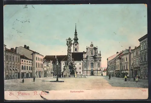 AK St. Pölten /N.-Oe., Rathausplatz mit Geschäften