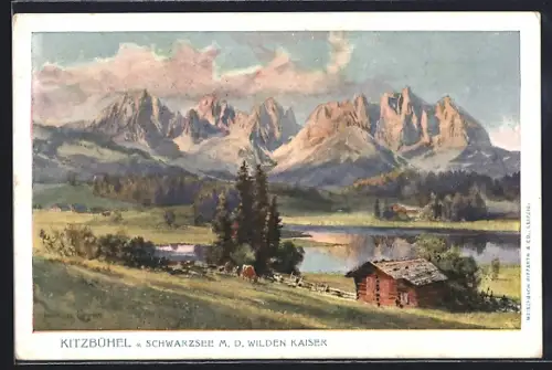 Künstler-AK Edward Harrison Compton: Kitzbühel, Schwarzsee mit wildem Kaiser