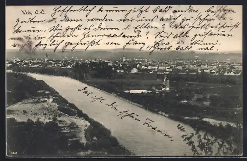 AK Wels /O.-Ö., Stadtansicht mit Flusspartie