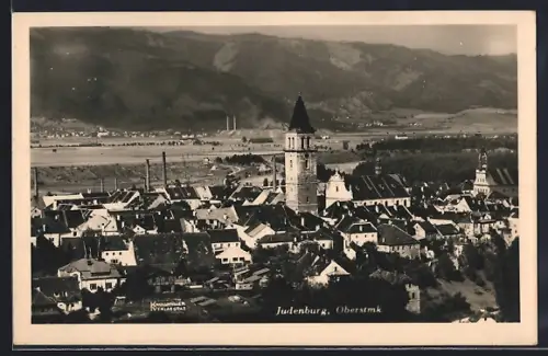 AK Judenburg, Blick über die Dächer der Ortschaft, Kirche
