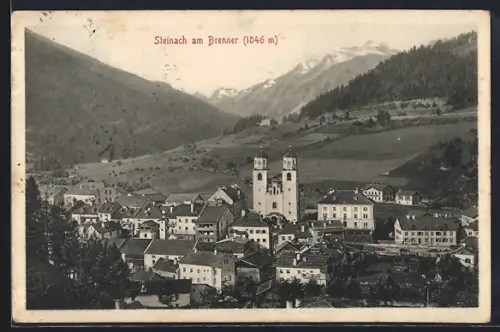 AK Steinach am Brenner, Ortsansicht mit Kirche, Feldern und Bergen