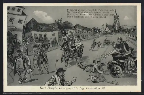 Wirtshaus-AK Wien, Grinzing, Karl Hengls Heuriger, aus der Sicht eines Betrunkenen