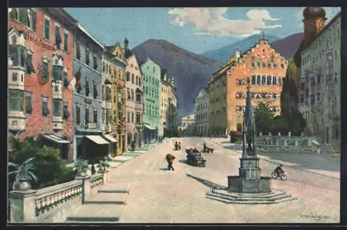 Künstler-AK Kufstein, Unterer Stadtplatz mit Rathaus