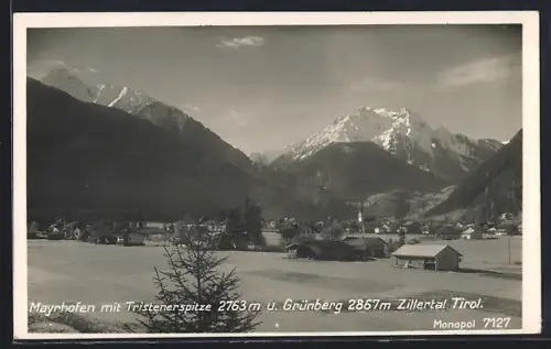 AK Mayrhofen /Zillertal, Ortspartie mit Tristenerspitze und Grünberg
