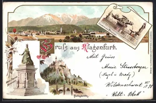 Lithographie Klagenfurt, Hochosterwitz, Lindwurm-Brunnen, Maira-Theresia-Monument