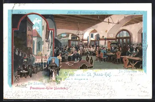 Lithographie Wien, St. Anna-Hof, der Schankhof, Franziskaner Keller und die Schwemme