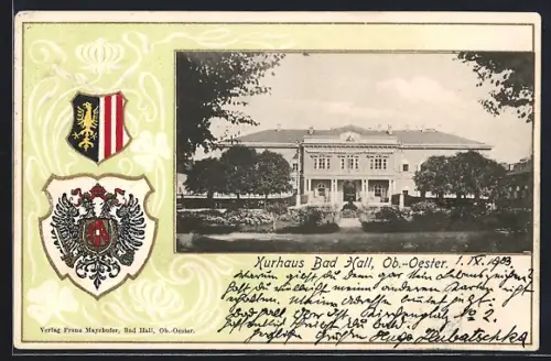 Passepartout-Lithographie Bad Hall, Kurhaus von der Anlage aus, Wappen