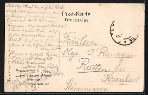 AK Wien, Restaurant zum weissen Hahn von V. Hubert, Josefstädterstrasse 22