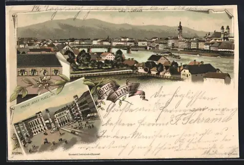 Lithographie Linz, Franz Josef Platz, Ortsansicht mit Donaubrücke