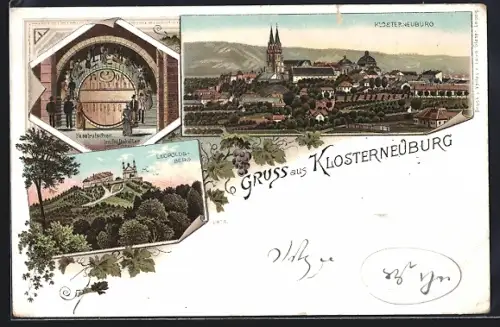 Lithographie Klosterneuburg, Ortsansicht mit Leopoldsberg und Stiftskeller