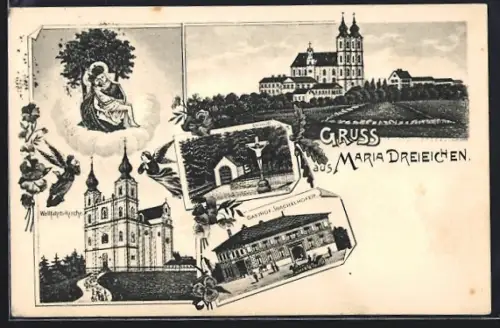 AK Maria Dreieichen, Blick auf die Wallfahrtskirche und Schiedlbauer`s Gasthof