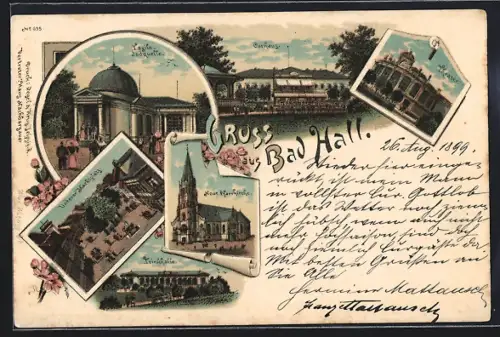 Lithographie Bad Hall, Tasilo-Jodquelle, Curhaus, Theater, Unterer Marktplatz, Neue Pfarrkirche, Trinkhalle