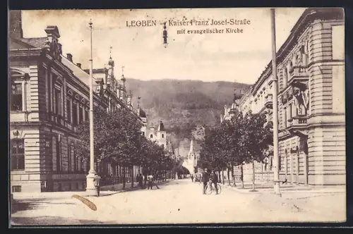 AK Leoben, Kaiser Franz Josef-Strasse mit evangelischer Kirche