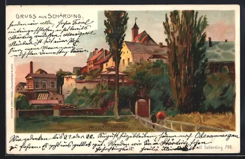 Lithographie Schärding, Ansicht der Wasserheilanstalt