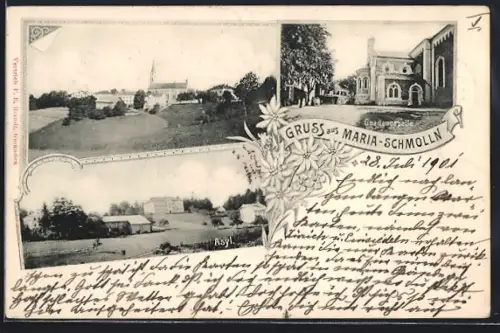 AK Maria-Schmolln, Gnadencapelle, Asyl, Ortsansicht