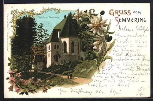 Lithographie Semmering, Kapelle am Semmering mit Spaziergängern