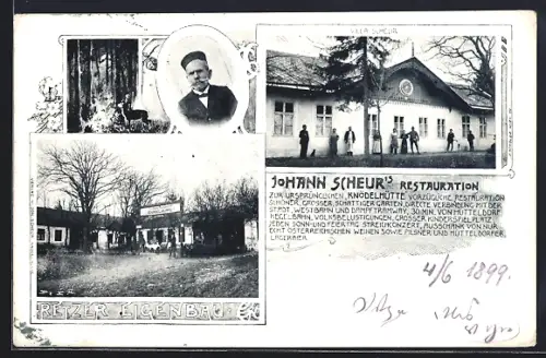 AK Wien, Scheuers Restauration zur ursprünglichen Knödelhütte, Villa Scheuer, Portrait Johann Scheuer